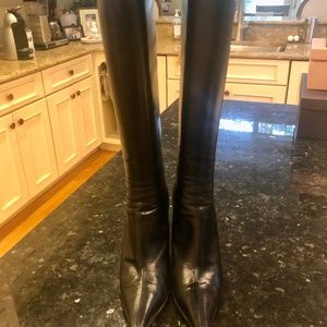 Jimmy Choo black leather pointed toe knee high boot